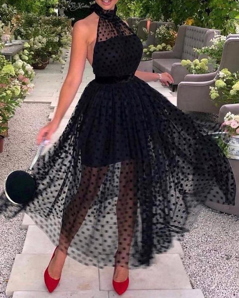 

Halter Backless Dot Mesh Prom Dress, Black