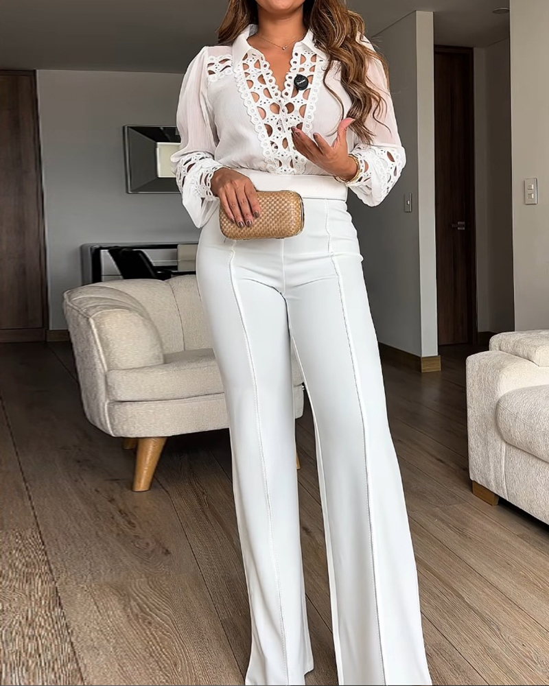 

Combinaison décontractée à col rabattu, col en V superposé, dentelle contrastée, taille haute, couture sur le devant, jambe large, sans ceinture, White