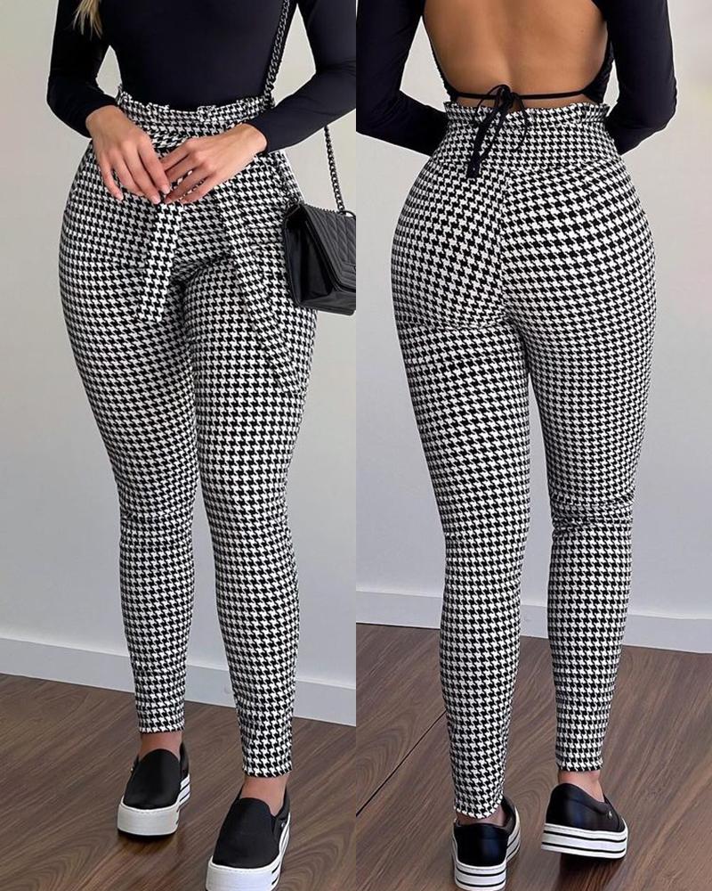 

Houndstooth Print High Waist Tied Detail Skinny Pants, Black