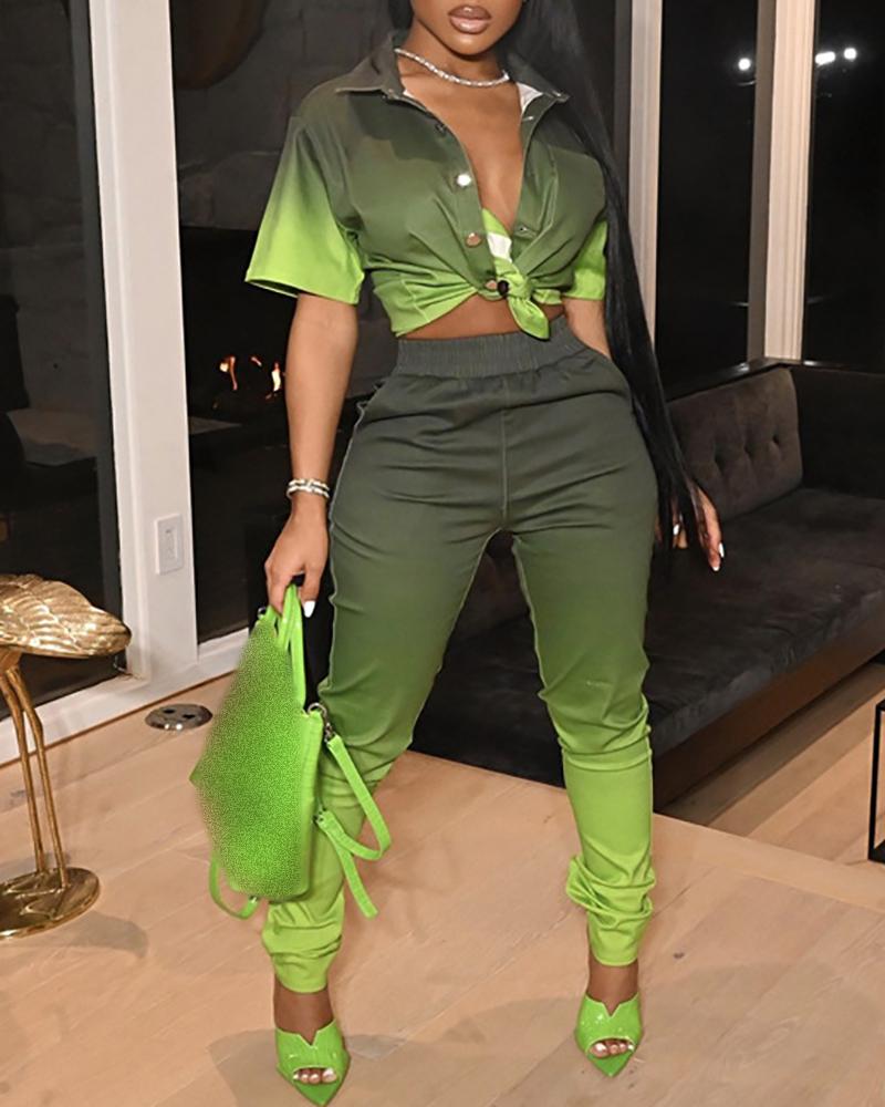 

Ombre Colorblock Buttoned Shirt & Pants Set, Green
