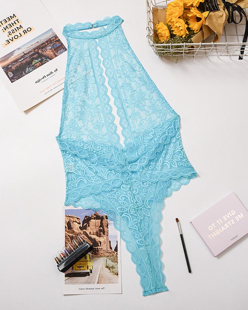 

Crochet Lace Sheer Mesh Cut Out Halter Teddy, Lighted blue