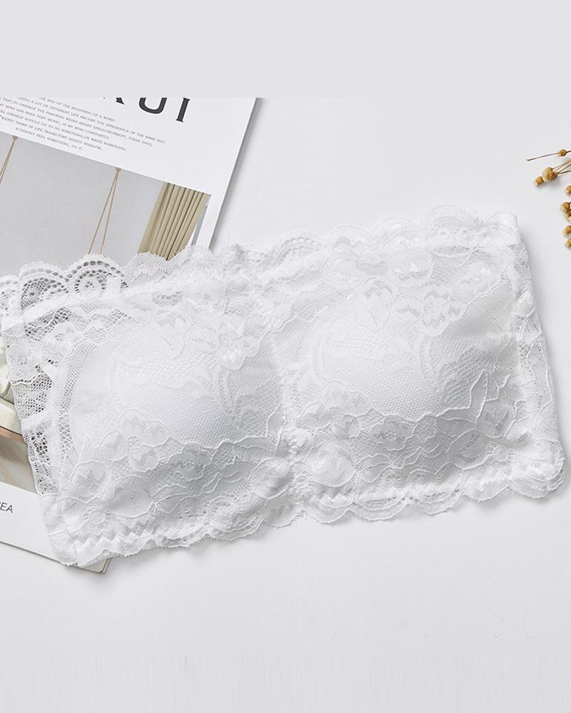 

Strapless Crochet Lace Padded Bandeau Lace Bra, White