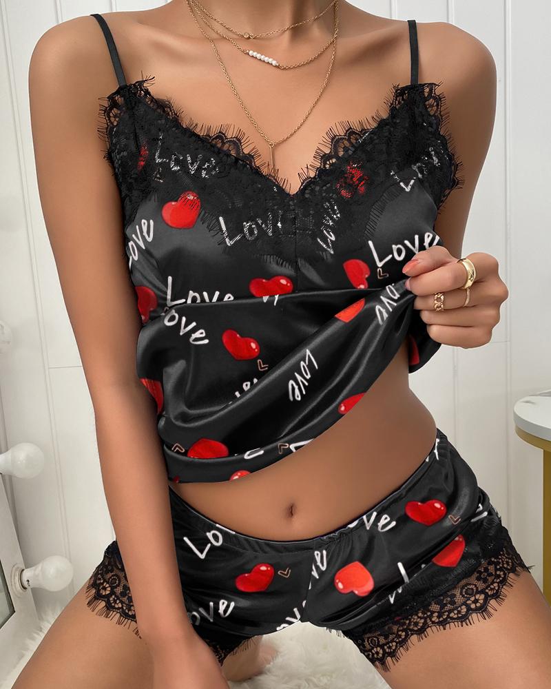 

Heart Print Contrast Lace Cami Sets, Black