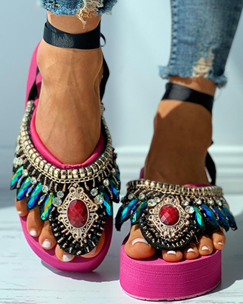 

Studded Rhinestone Toe Post Wedge Sandals, Hot pink