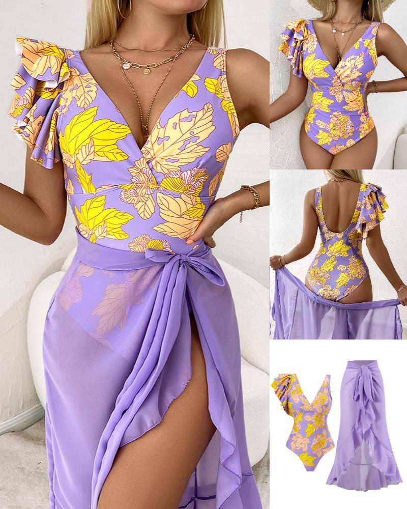 

Plants Print Ruffle Hem One-Piece Swimsuit With Cover Up, Purple