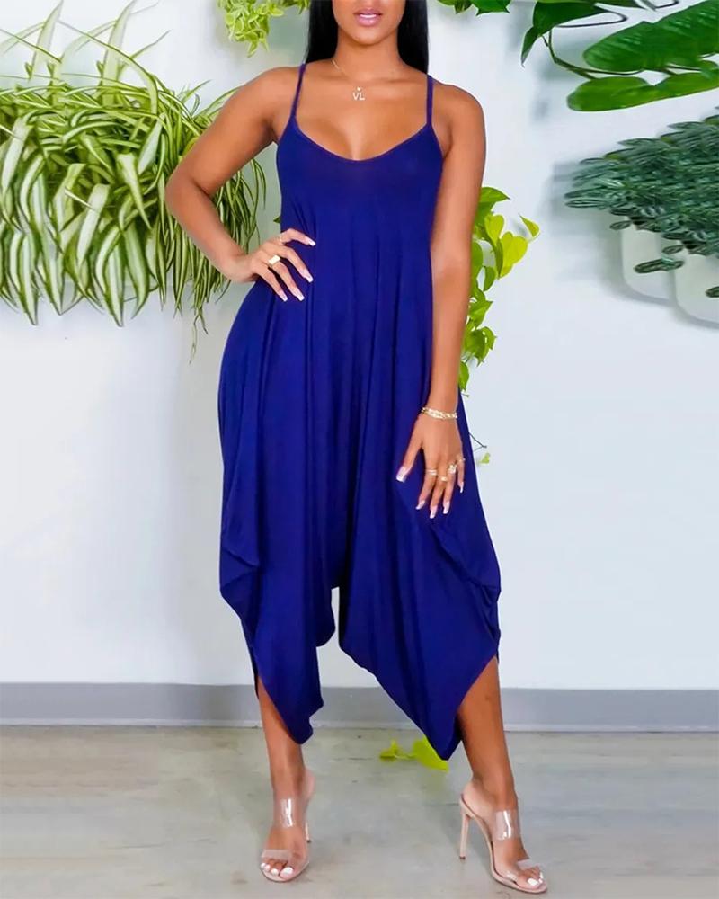 

Solid Draped Asymmetrical Hem Cami Jumpsuit, Blue