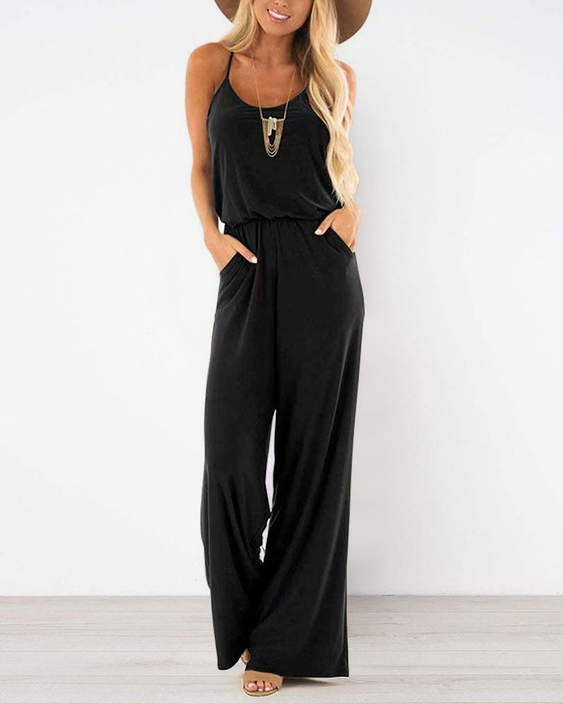 

Spaghetti Strap Pocket Design Jumpsuit, Black