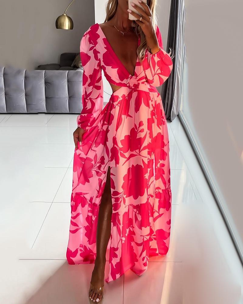 

Plunge Lantern Sleeve High Slit Cutout Floral Print Maxi Dress, Hot pink