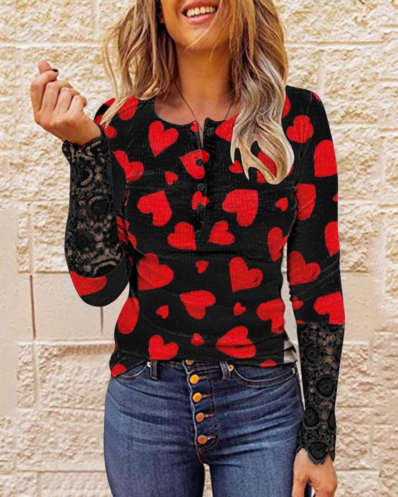 

Heart Print Button Decor Crochet Lace Top, Style4
