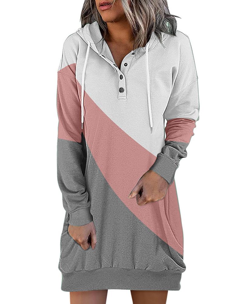 

Buttoned Colorblock Long Sleeve Hoodie, Pink