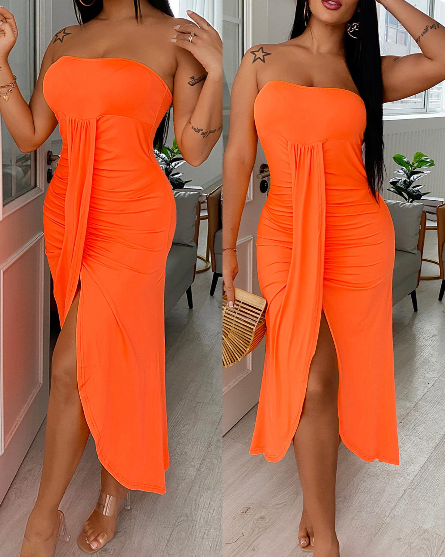 

Bandeau Ruched Slit Casual Tube Dress, Orange