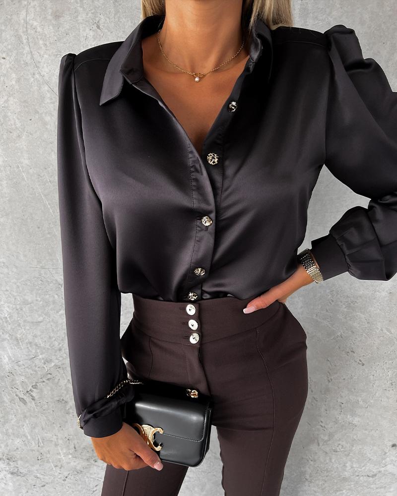 

Puff Sleeve Button Down Shirt, Black