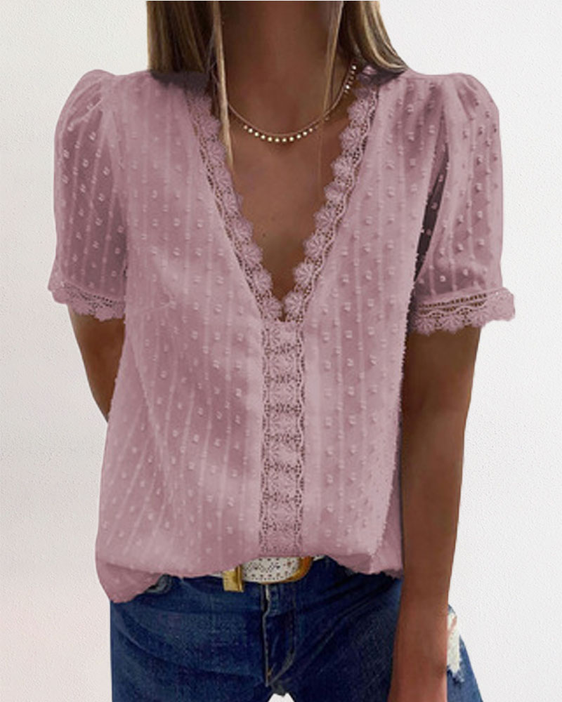 

Contrast Lace Swiss Dot Puff Sleeve Chiffon Top, Pink