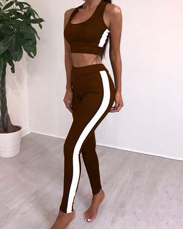 

Side Stripes Cropped Long Pants Pantsuit, Brown