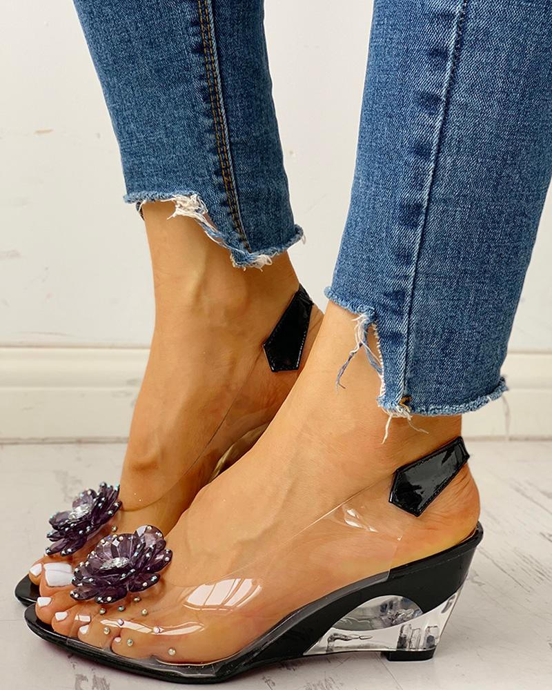

Rhinestone Flower Design Transparent Wedge Sandals, Black