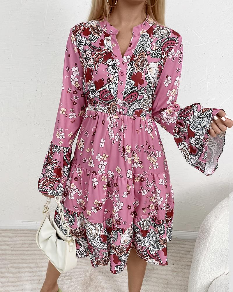 

Ditsy Floral Paisley Print Bell Sleeve Casual Dress, Pink