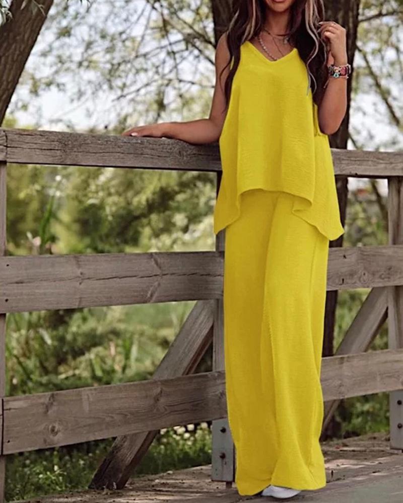 

V-Neck Cami Top & Wide Leg Pants Set, Yellow