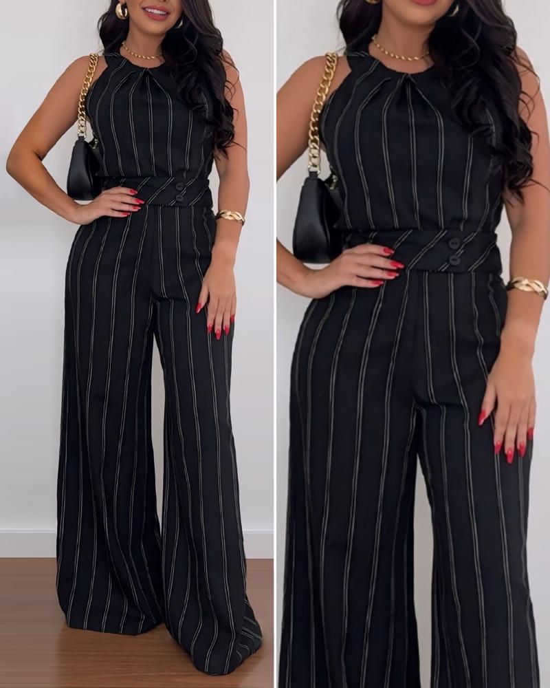 

2 Piece Striped O-neck Sleeveless Top Buttoned High Waist Wide Leg Pants Outfits Set, Black