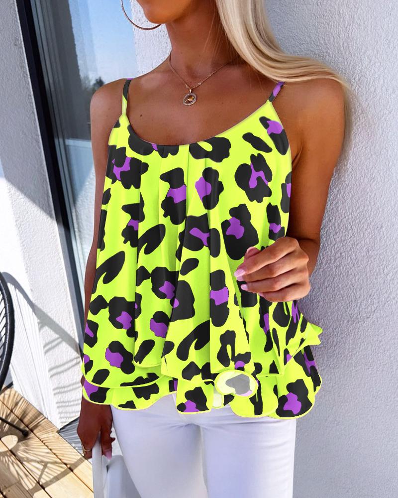

Pink Leopard Print Ruffles Flowy Cami Top, Lvs green