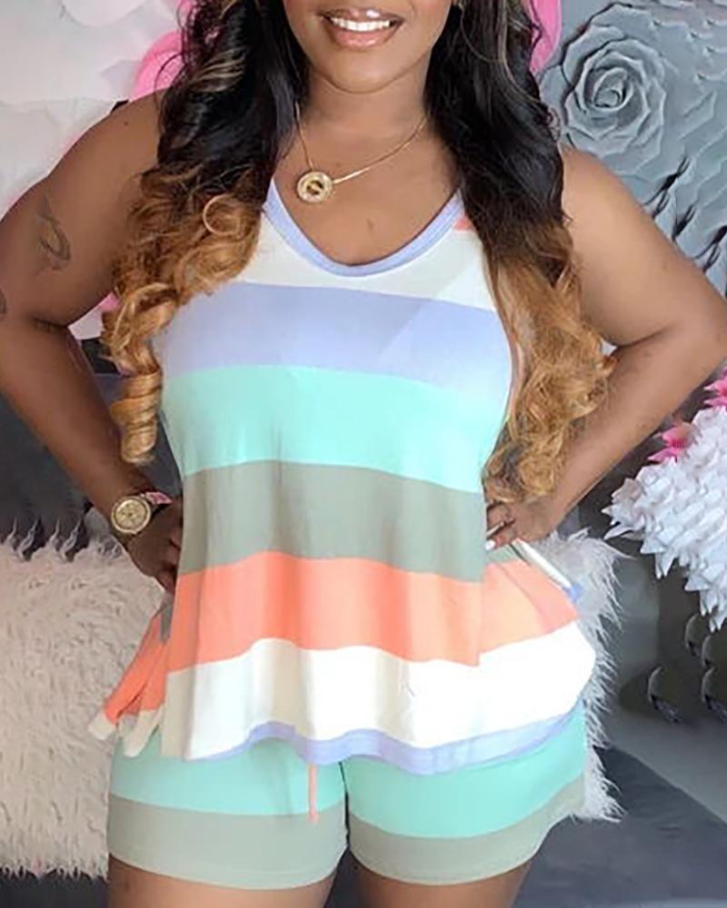 

Striped Print Sleeveless Top & Shorts Set, Blue