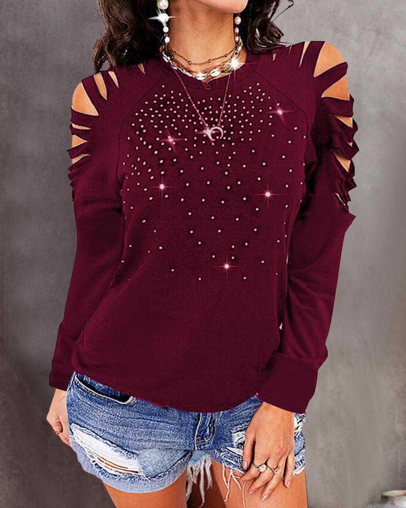 

Rhinestone Decor Cold Shoulder Top, Wine red