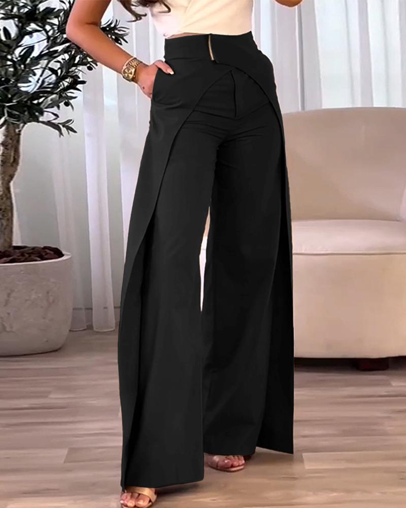 

High Waist Overlap Asymmetrical Wide Leg Pants, Black