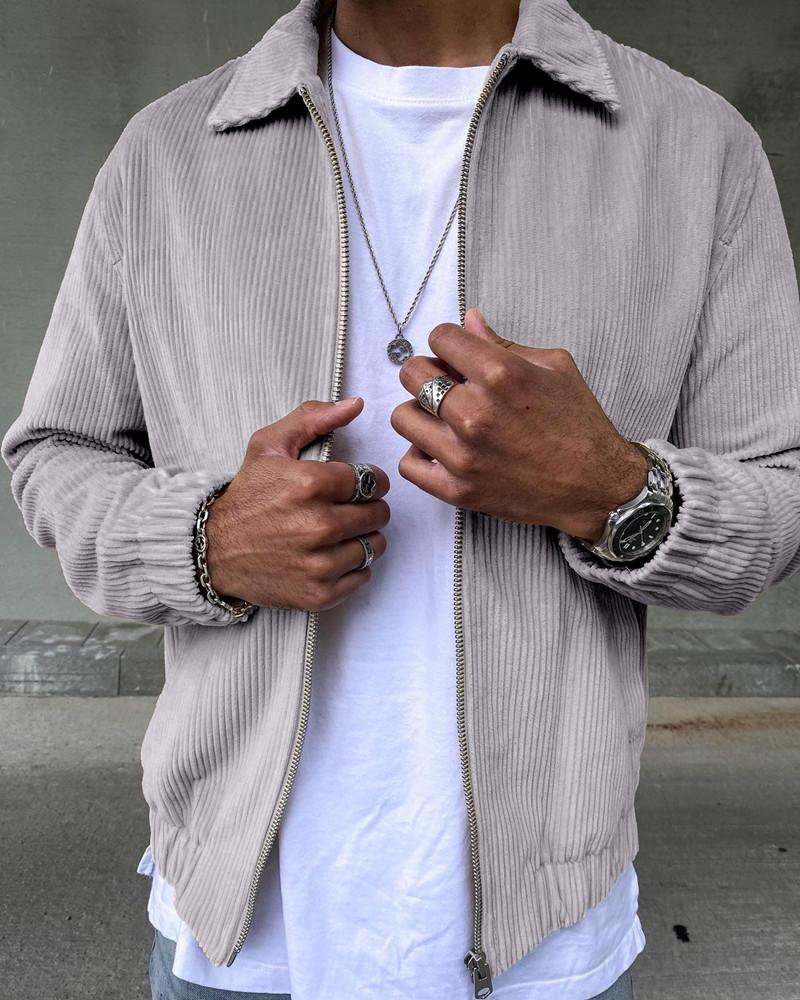 

Solid Color Corduroy Long Sleeve Jacket, Light gray