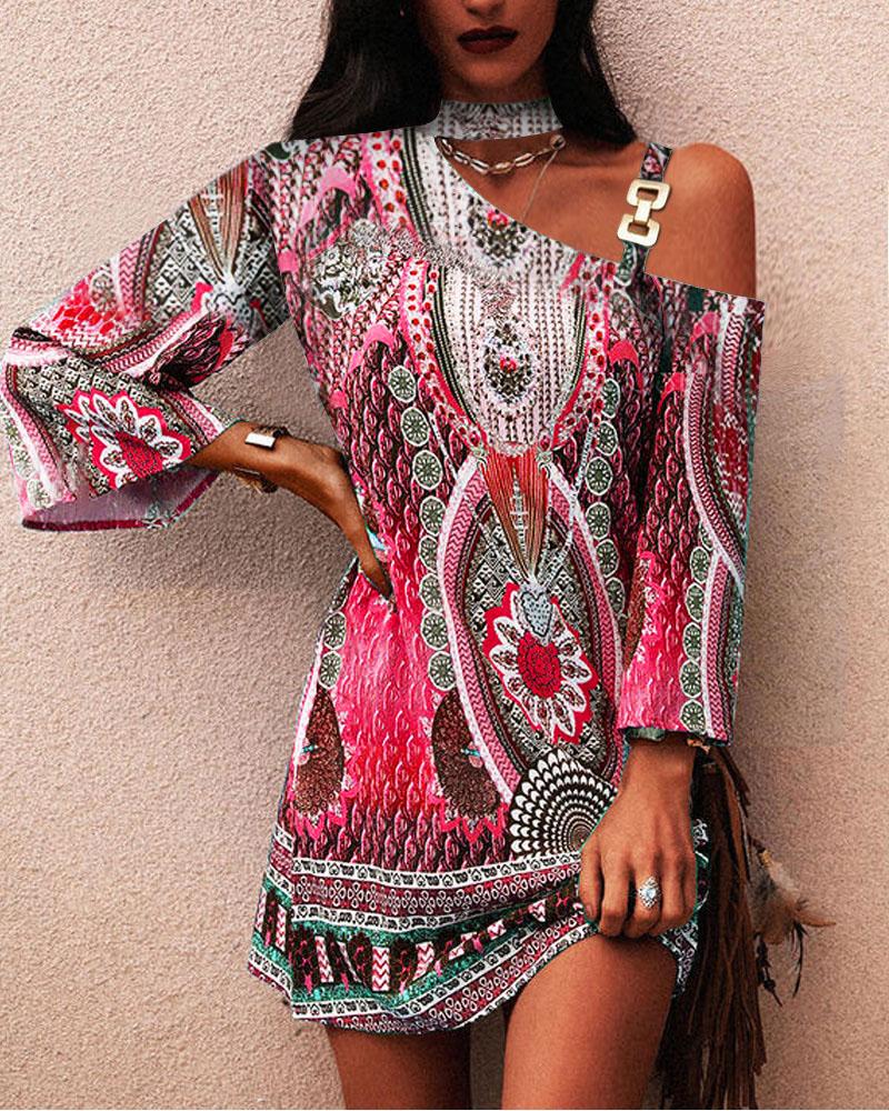 

Tribal Print Cold Shoulder Casual Dress, Red