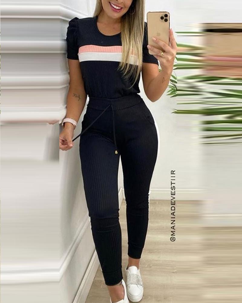 

Striped Print Puff Sleeve Top & Pants Set, Black