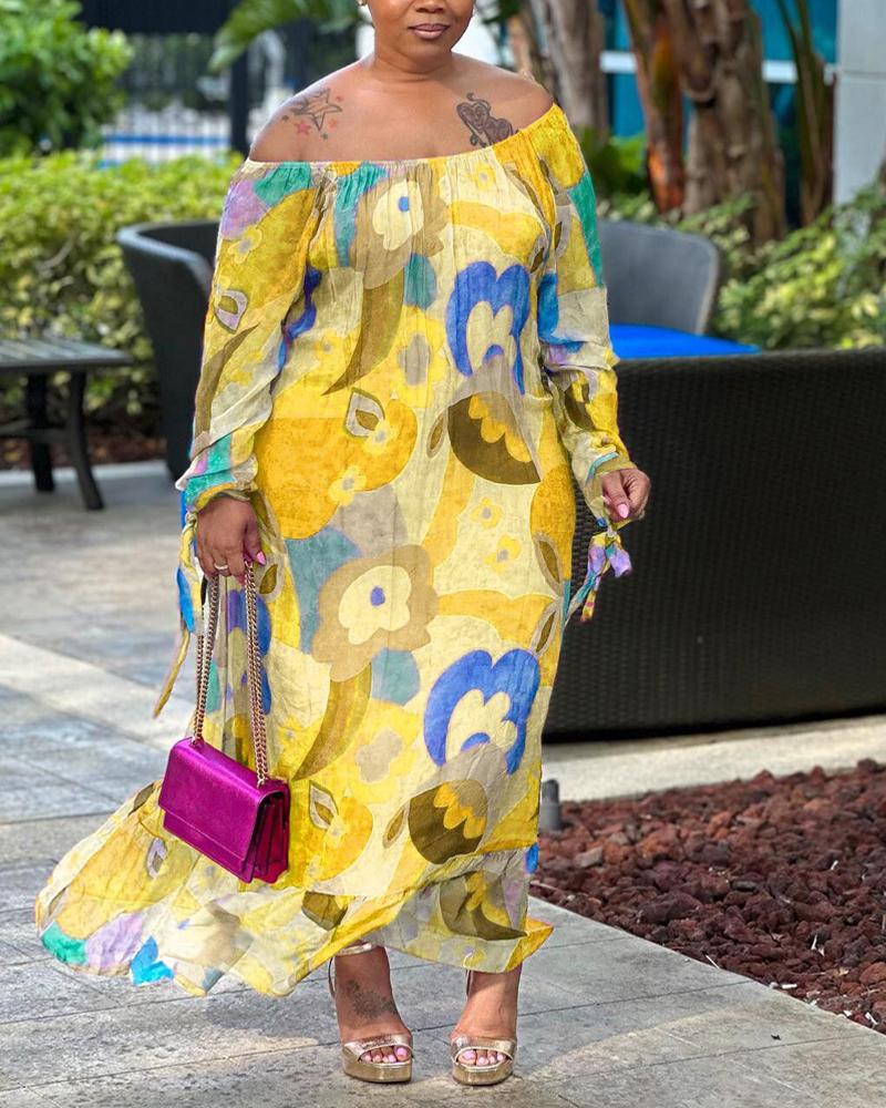 

Plus Size Floral Print Off Shoulder Dress, Yellow