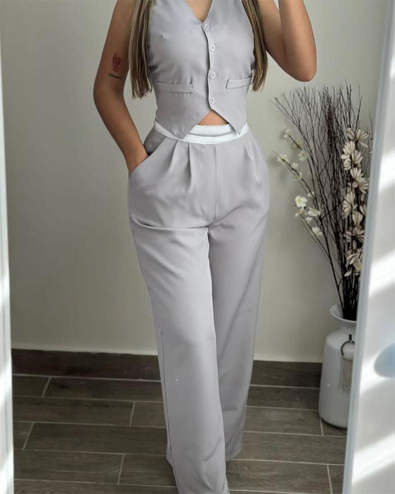 

V-Neck Buttoned Vest Top & Pocket Design Pants Set, Gray