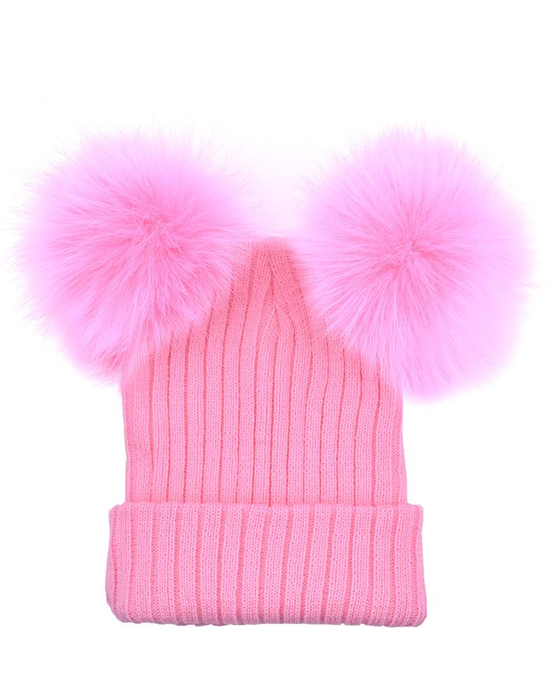 

Double Pom Pom Decor Knit Cuffed Beanie For Adult, Pink