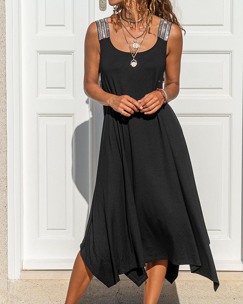 

Glitter Strap U-Neck Casual Dress, Black