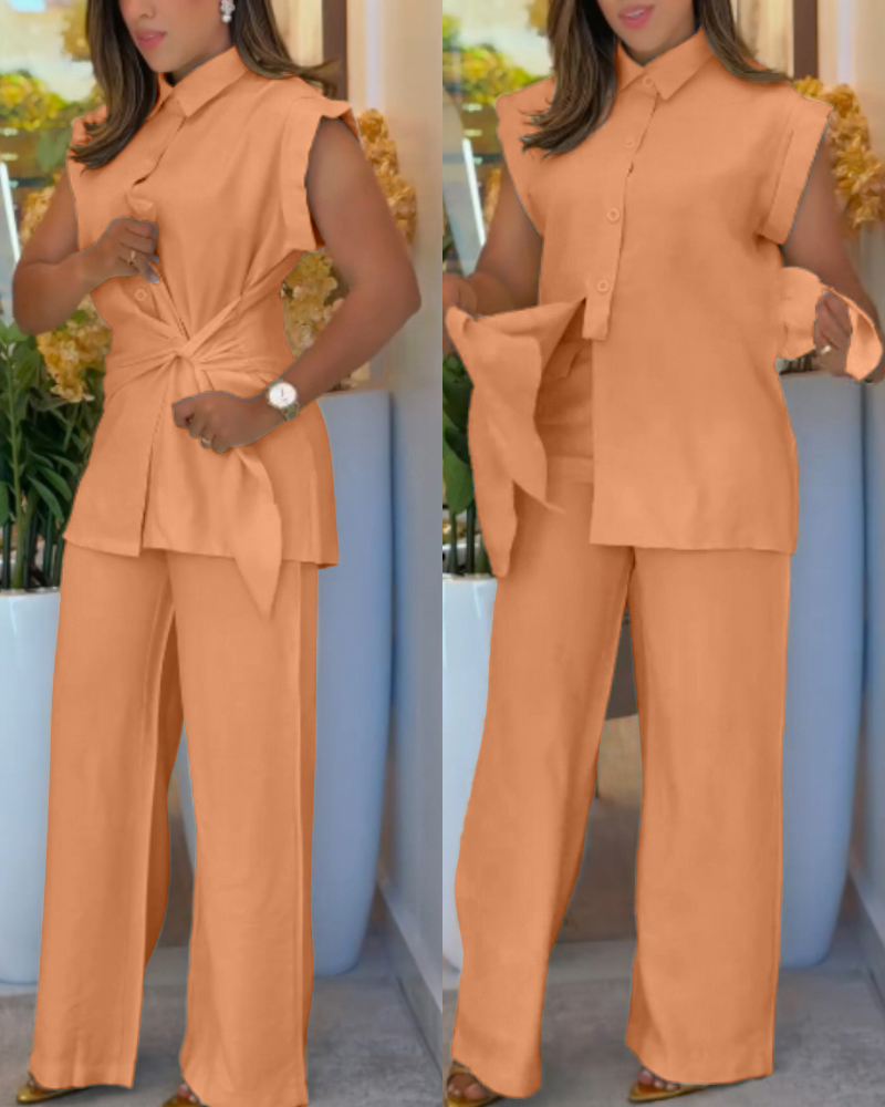 

Conjunto de 2 piezas de polo sin mangas con botones anudados y pantalones casuales de pierna ancha, Orange