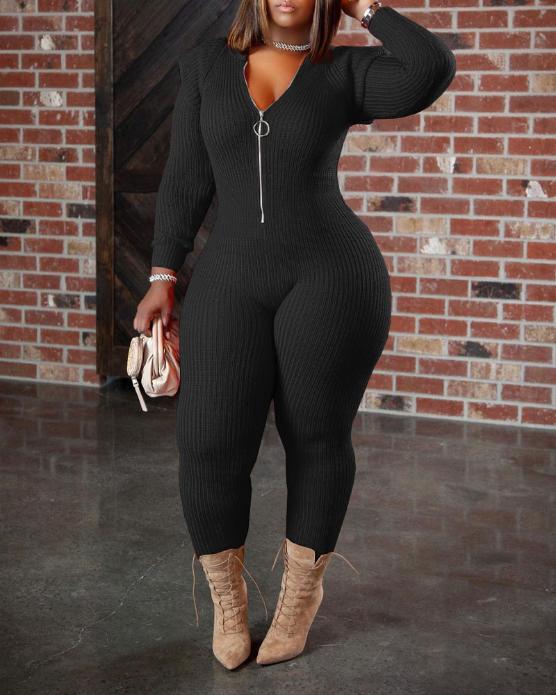 

Plus Size Shoulder Pad Zip Front Knit Hooded Jumpsuit, Black