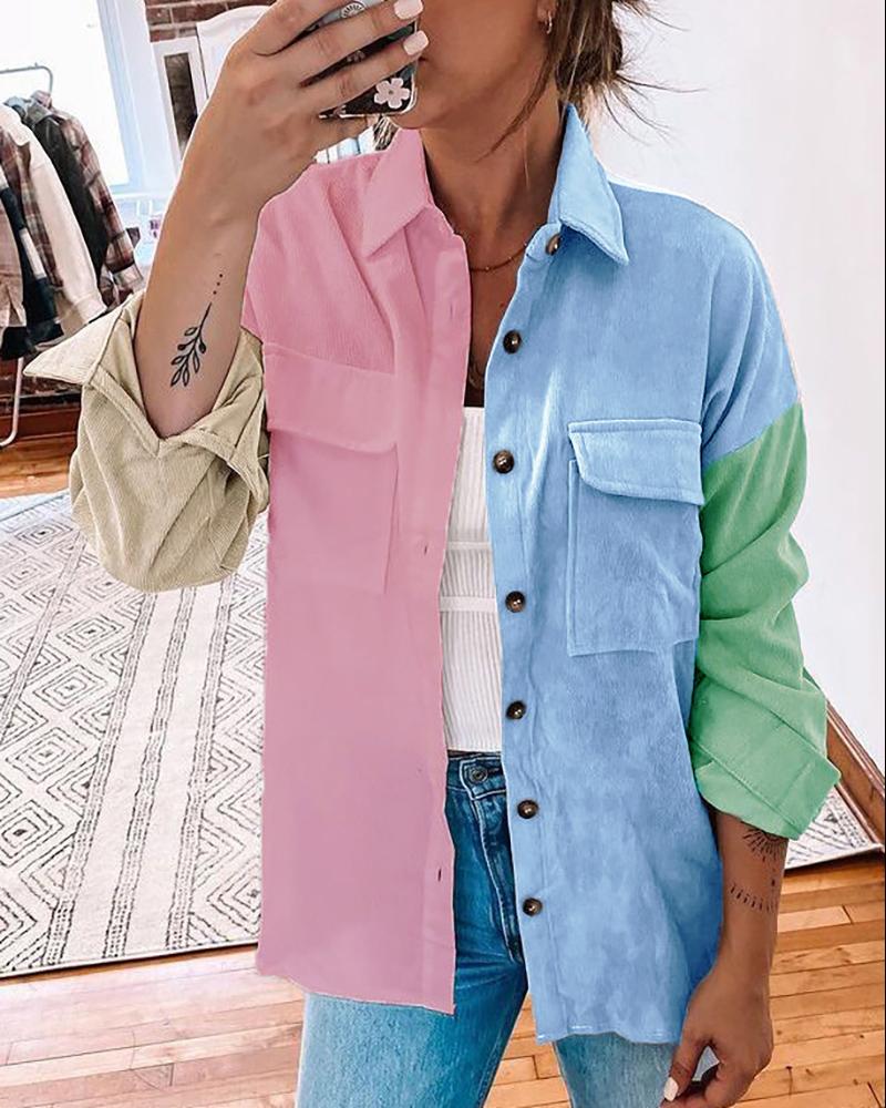 

Long Sleeve Colorblock Buttoned Pocket Design Shacket, Sky blue