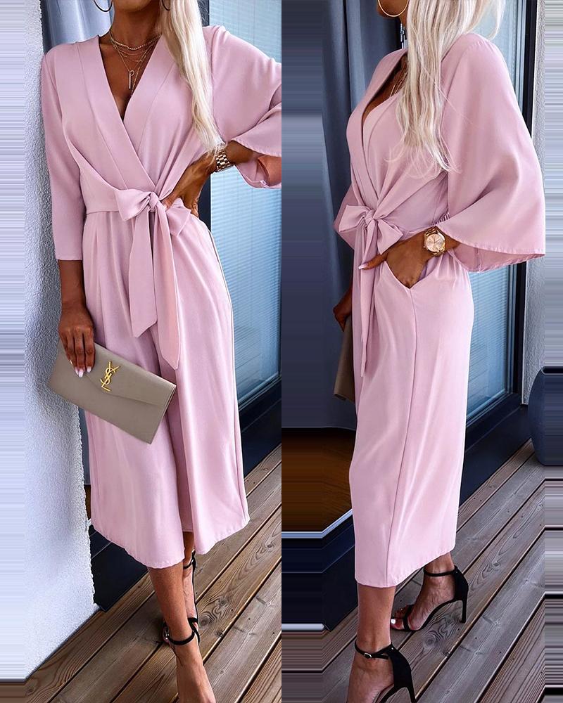 

Tied Detail Bell Sleeve Work Jumpsuit, Pink