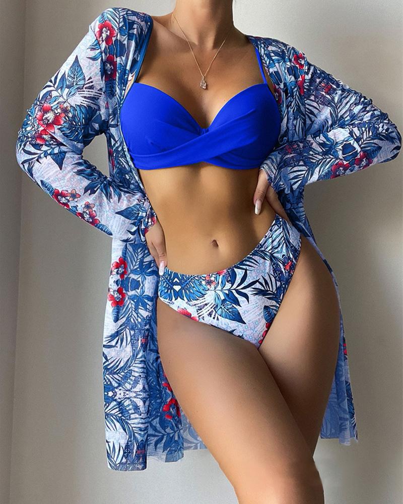 

3PCS Tropical Print Crisscross Bikini Set With Cover Up, Blue