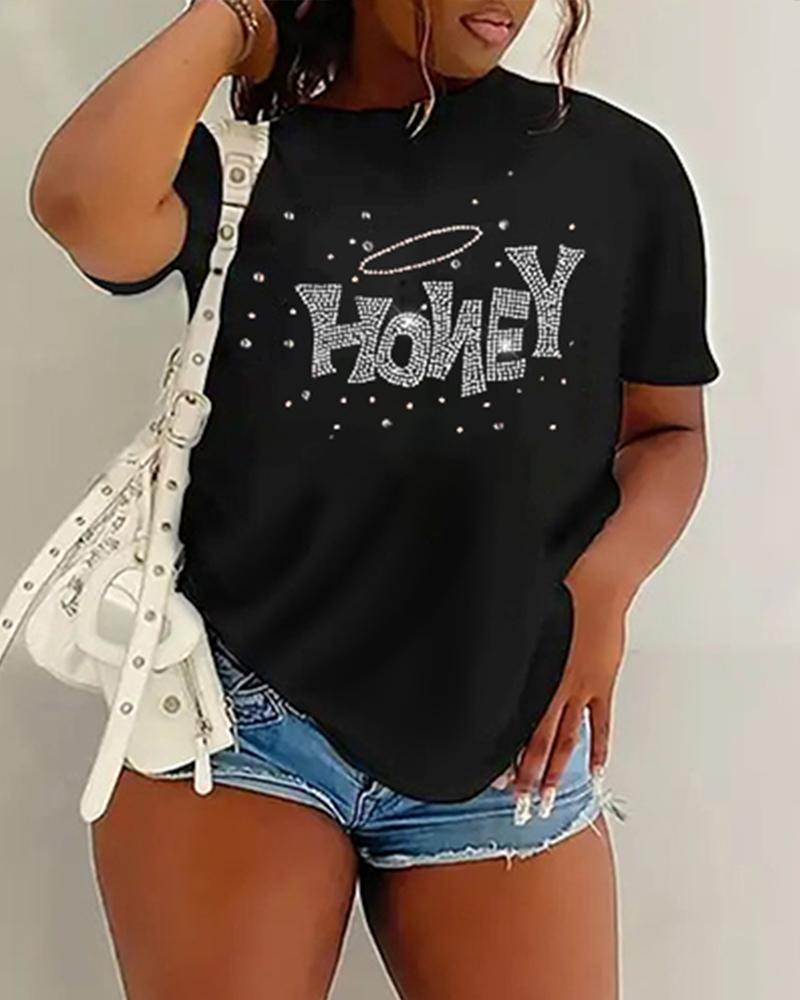 

Plus Size Honey Rhinestone Casual T-shirt, Black