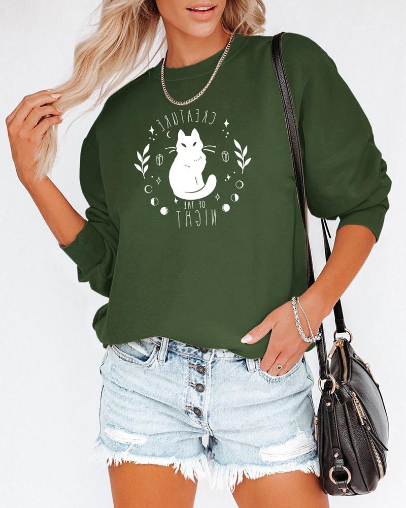 

Halloween Letter Cat Print Long Sleeve Sweatshirt, Green