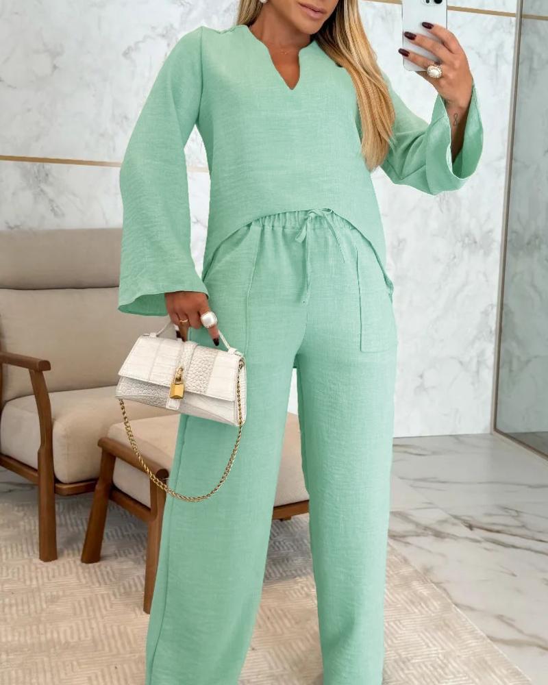 

Asymmetrical Hem Notch Neck Top & Drawstring Straight Leg Pants Set, Light green