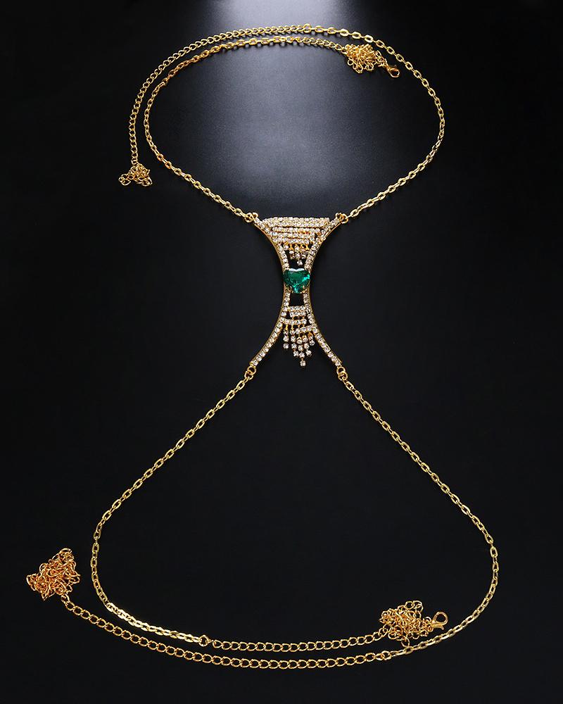 

Heart Shaped Rhinestone Tassel Decor Body Chain, Gold