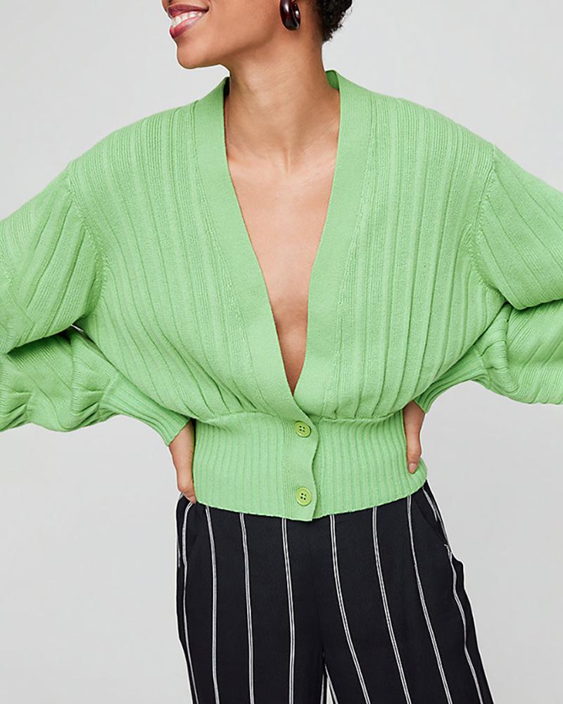 

Ribbed Lantern Sleeve Deep V Buttoned Sweater, Green