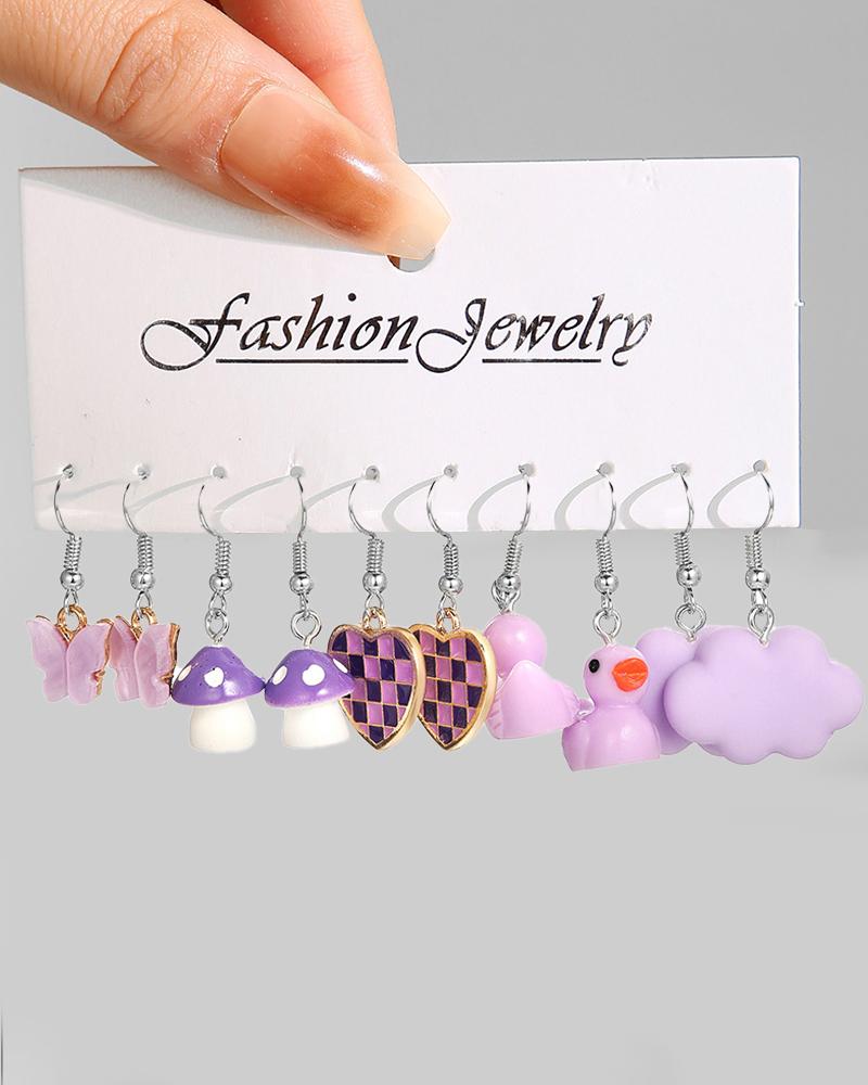 

5Pairs Butterfly Mushroom Duck Heart Cloud Shaped Hook Earrings Set, Purple