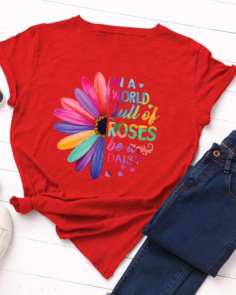 

Letter Sunflower Print Casual T-shirt, Red