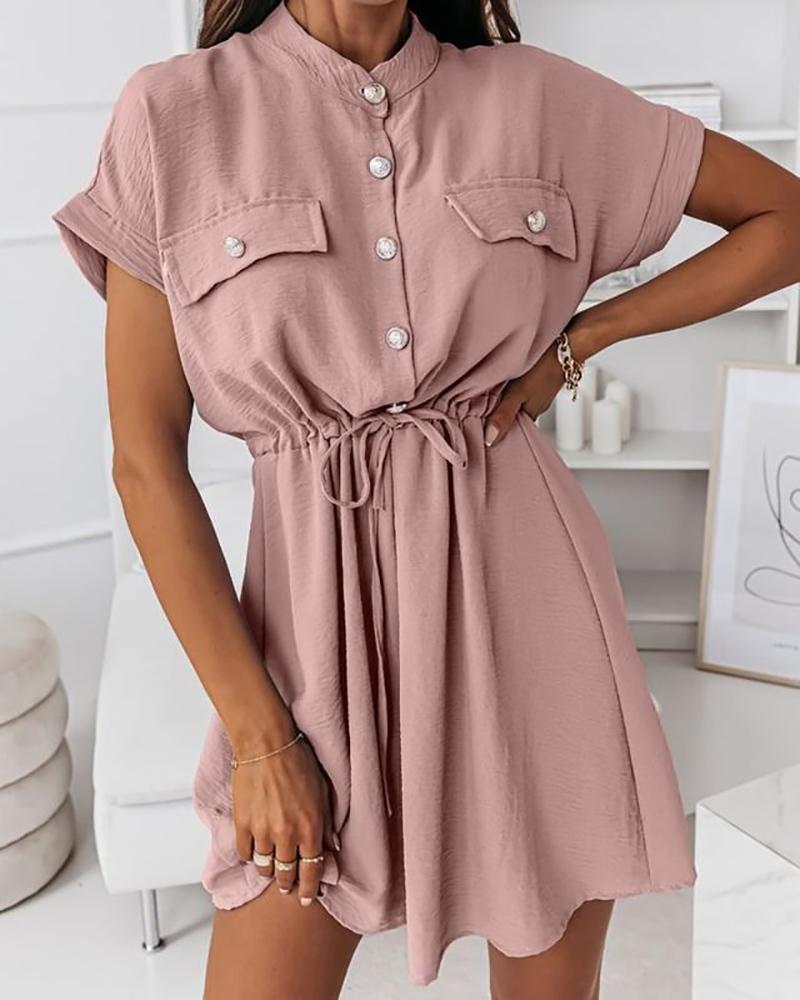

Buttoned Pocket Decor Drawstring Ruched Shirt Dress, Pink