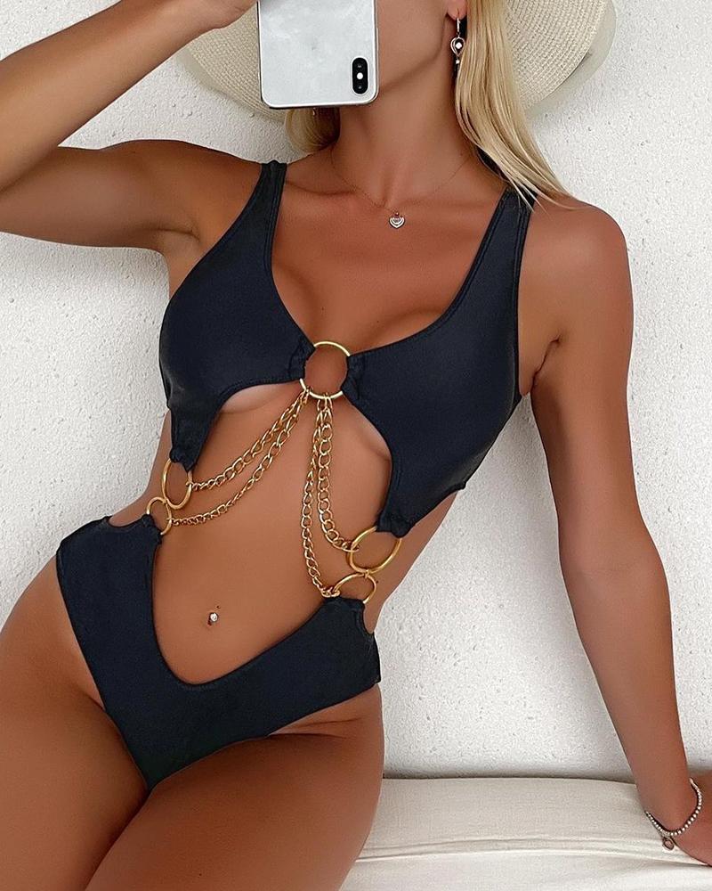 

O-Ring Chain Strap Cutout One Pice Swimsuit, Black
