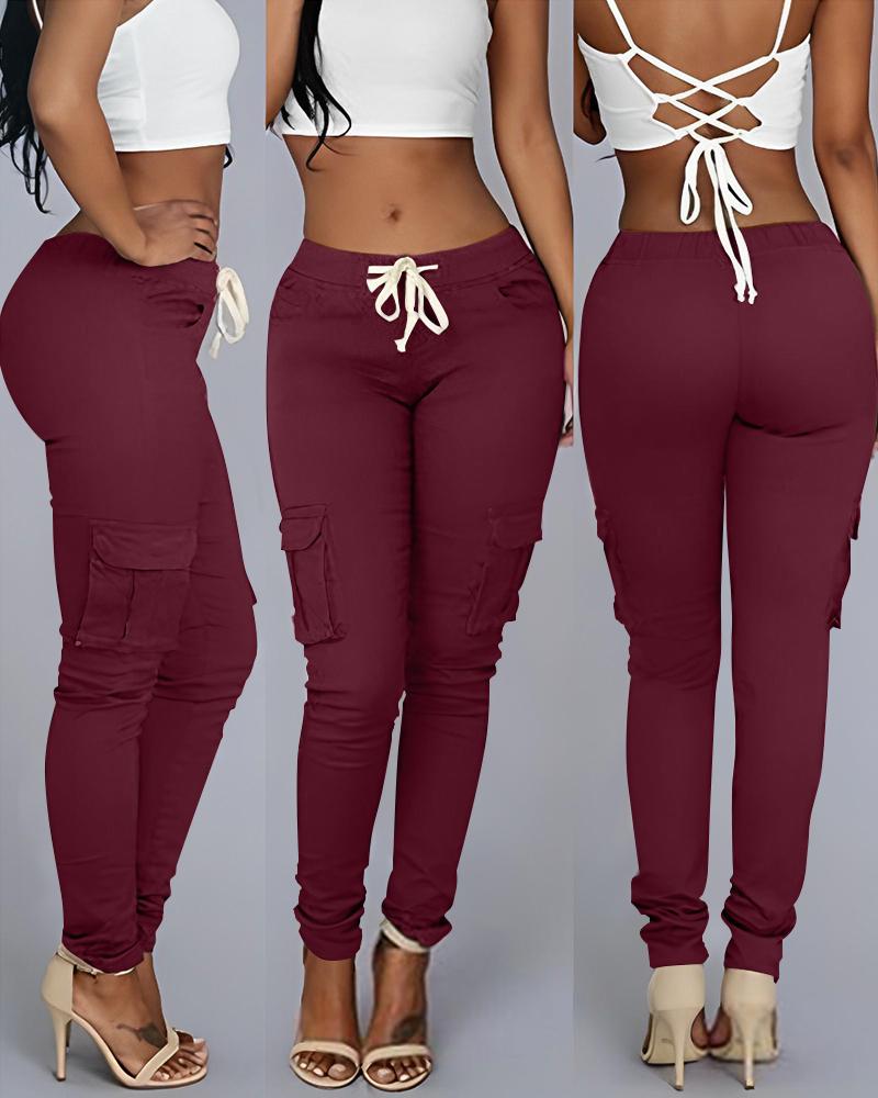 

Pocket Design Drawstring Casual Pants, Wine red