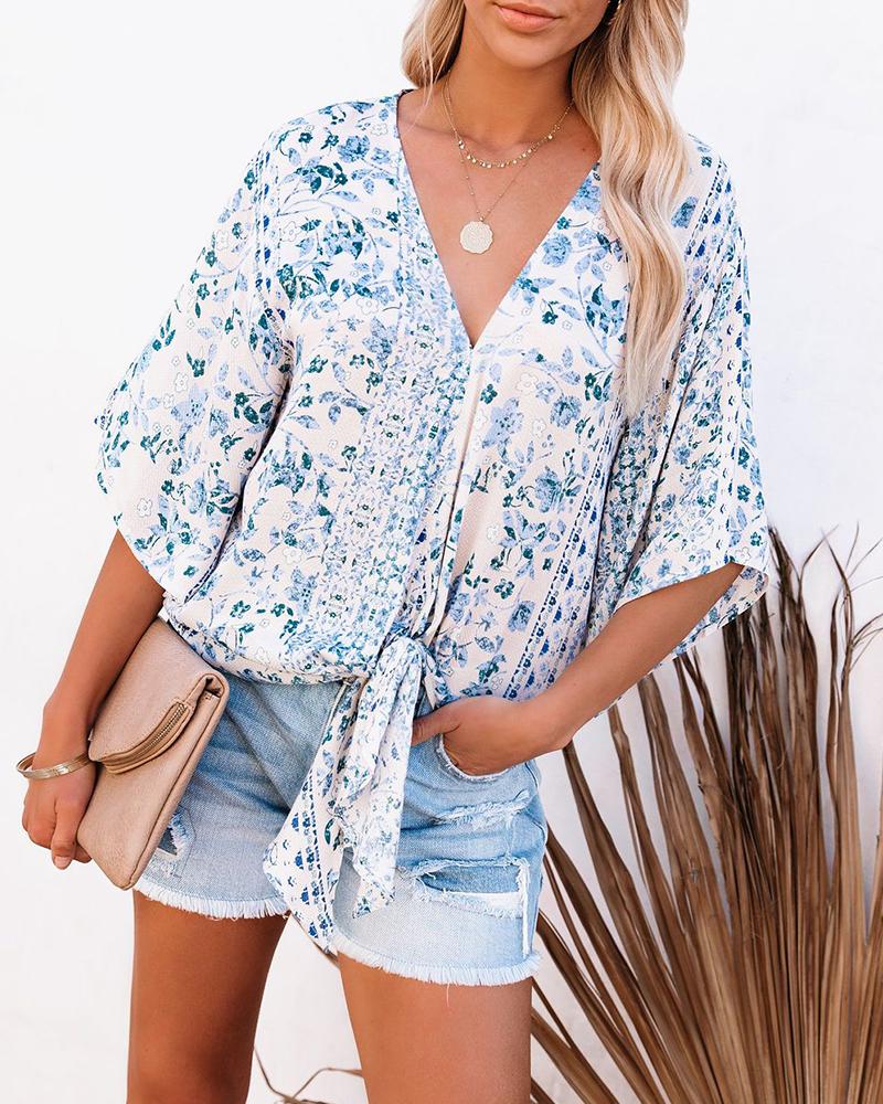 

Floral Print Lace-up Half Sleeve Shirt, Blue