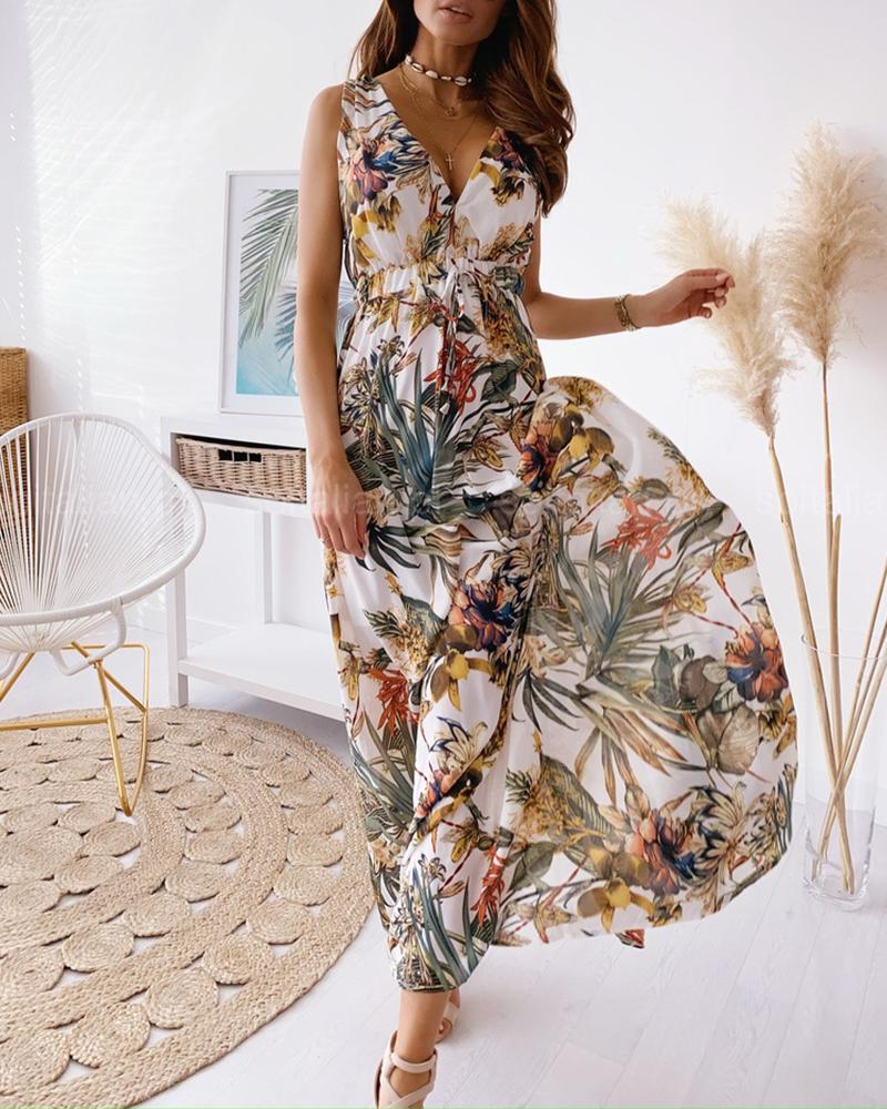 

Tropical Print Tied Detail Backless Maxi Dress, White